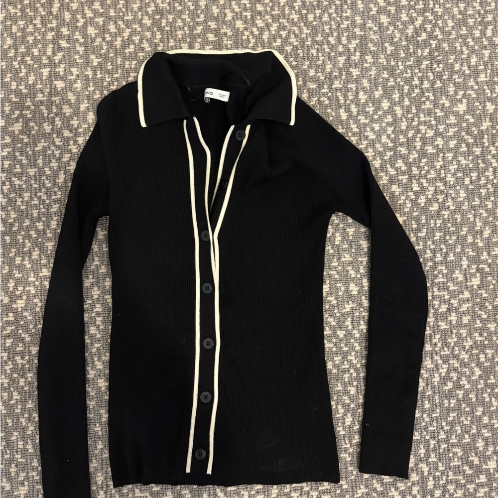 Mango Black button down cotton ribbed Sweater with Cream Trim
